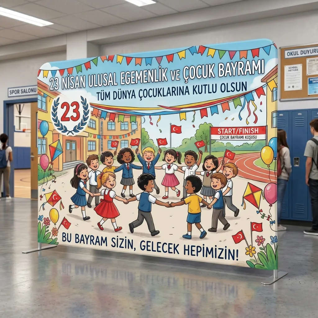23 Nisan Çocuk Bayramı Okul Backdrop - Kumaş Sahne Arkası | Dekopa